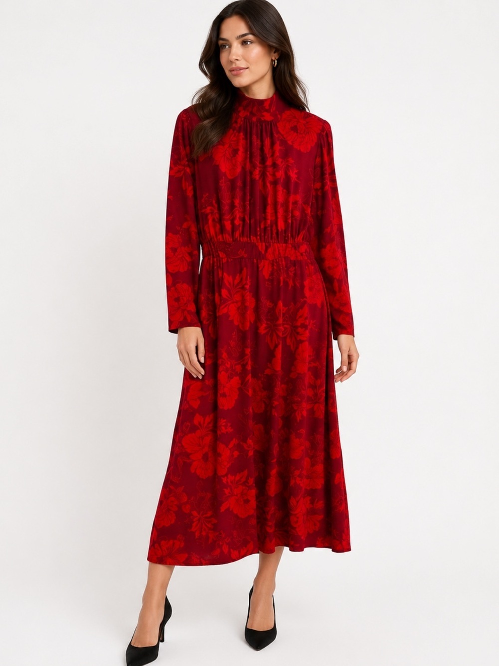 Lane Bryant Red Floral Mock Neck Midi Dress Plus Size 14/16